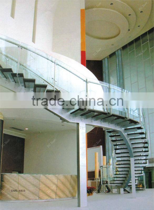 Indoor wood step straight staircase with glass railing