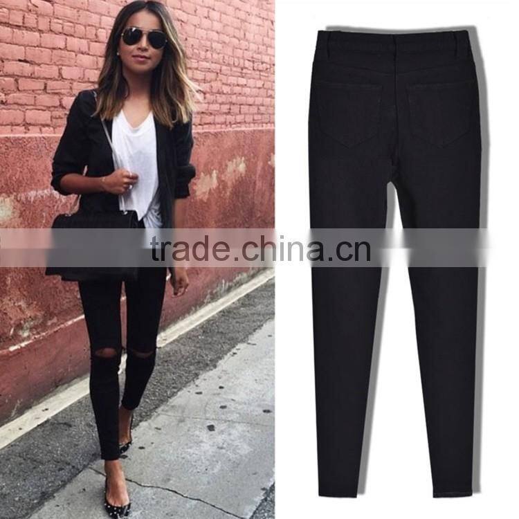 Alibaba China 2016 Summer Fashion Women Black High Waist Leggings Ladies Knee Holes Pencil Skinny Ripped Jeans Wholesale Price