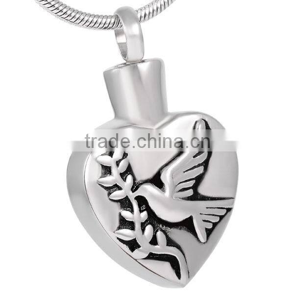 SRP8235 Trend Pet Keepsake Memorials Necklace Dove on Heart Pigeon Stainless Steel Cremation Jewelry Pendant