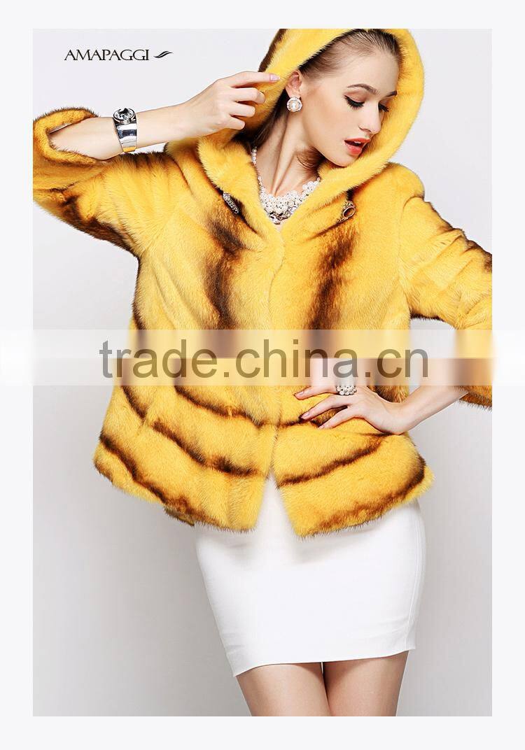 hot sale yellow cross mink coat with hood women warm fur coat for winter