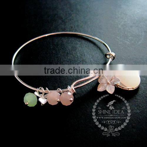 silver flower round photo locket ice pink glass beads orchid flower charms fashion women chic wiring bangle bracelet 6440014
