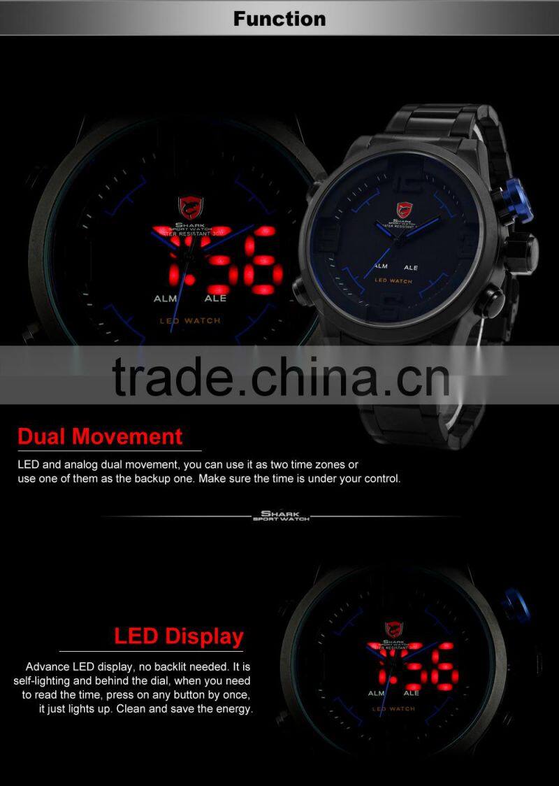 SHARK Stainless Steel Japan Movement Analog Date Alarm Quartz Wrist Mens Sport Digital Watch