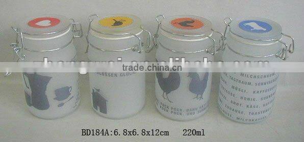 BD176-27-30: glass jar with acid-washing & decal