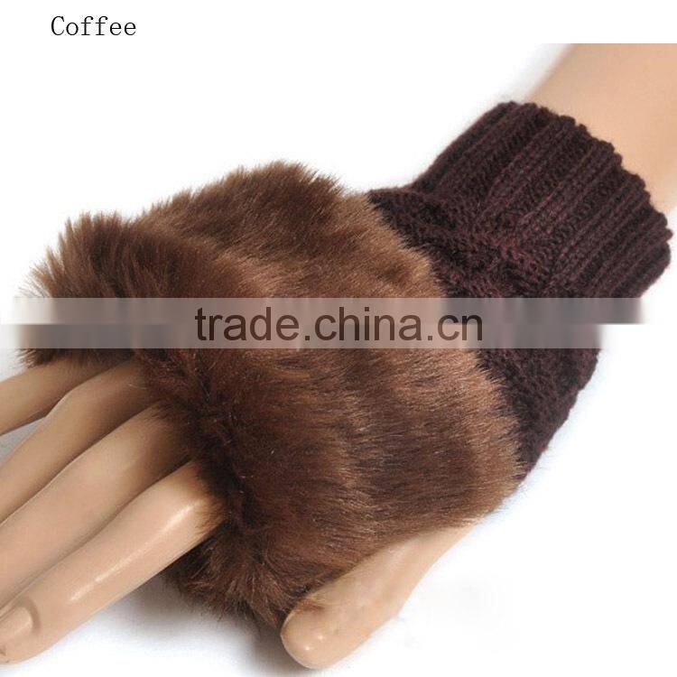 Fashion Cute Faux Rabbit Fur Hand Winter Warmer Knitted Fingerless Gloves Mitten Wholesale