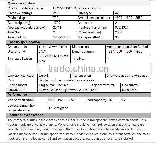 2TON mini JAC food truck refrigerator freezer for sale