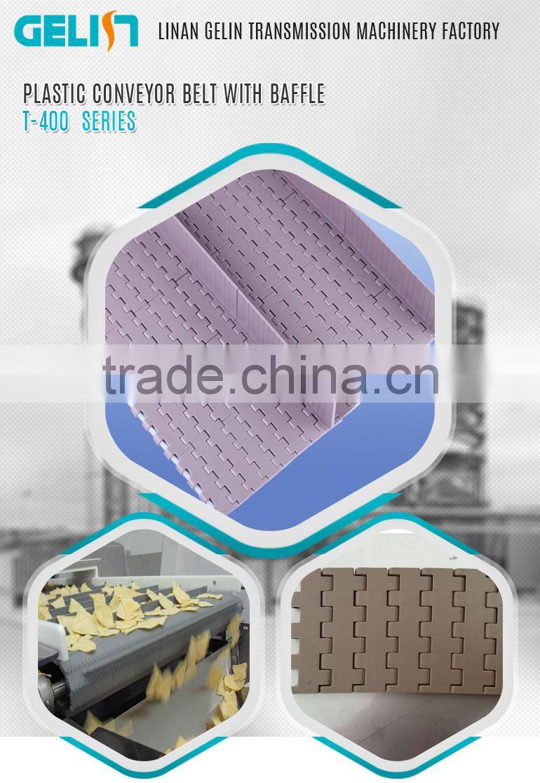 T-400 Plastic conveyor belt with baffle