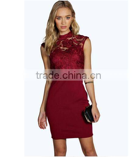 Sexy Party Burgundy Pencil Dress High Neck Lace Midi Dress