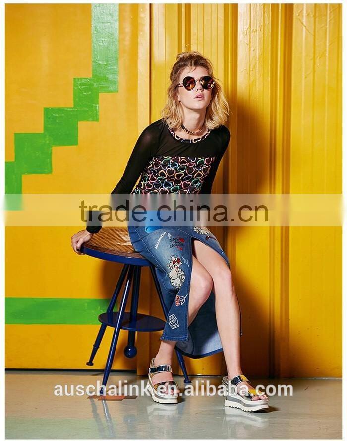 european style ladies front split embroidered long denim skirts