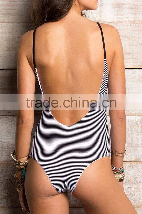 ladies black and white stripe and side black strap one-piece swimwear