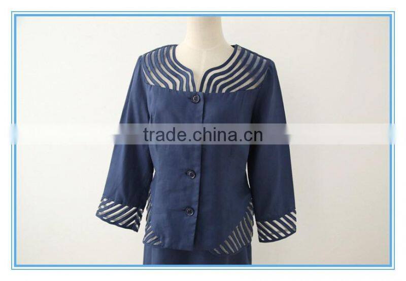 Linen Long Sleeve Royal Formal Women Skirt Suit With Organza Fabric