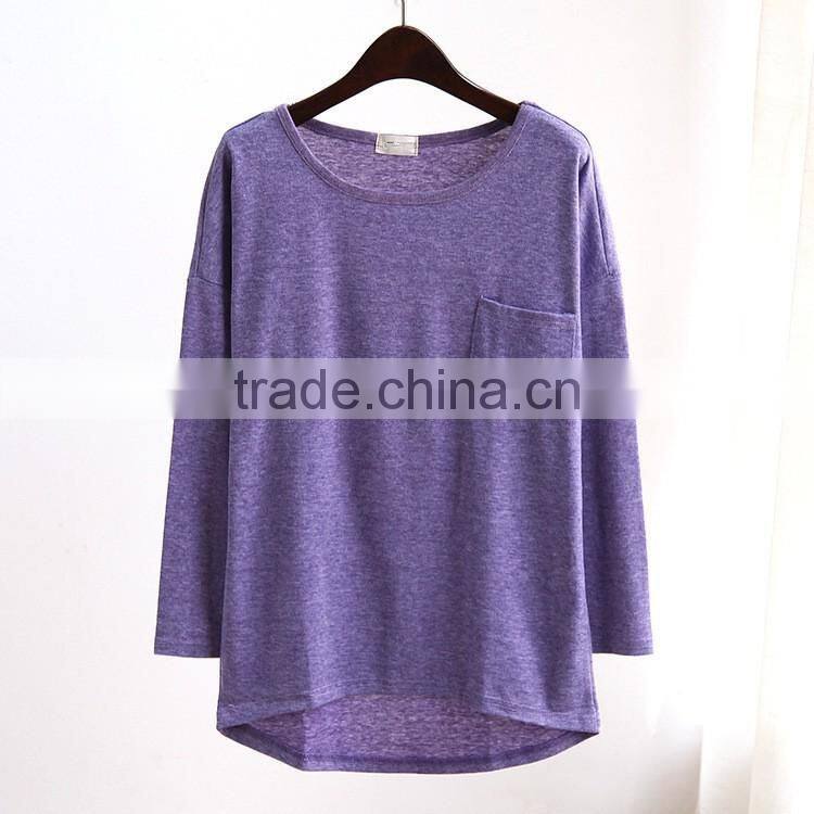 wholesale long sleeve casual women t-shirt with pocket