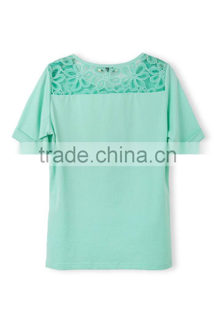 high fashion summer short sleeve lace printed designed crochet top fashion blouses 2015, design short sleeves elegant blouses