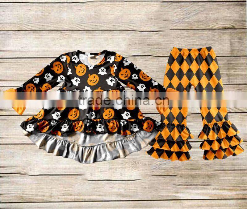 Wholesale fall winter print halloween clothing triple ruffle baby clothes clothing set