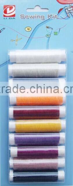 mixed color small spool sewing thread with scissors, sewing hand needles, tape measure compact with blister pack