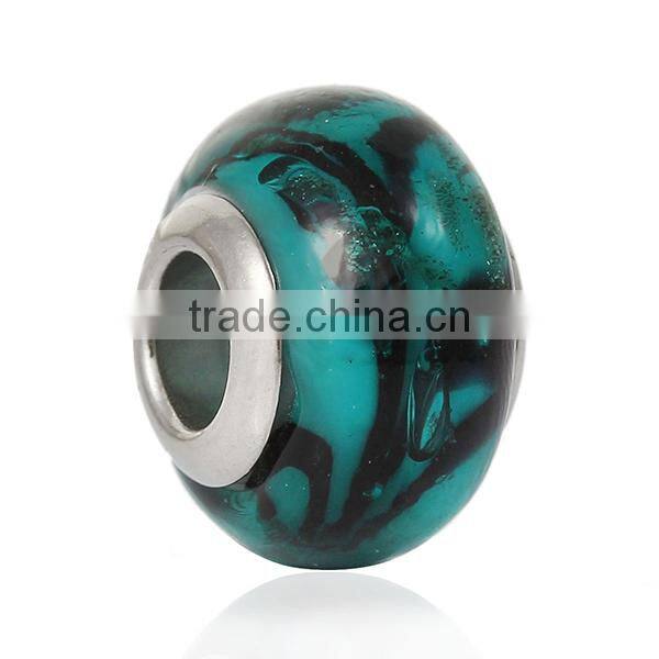 Lampwork Glass European Style Large Hole Beads Round Pattern Dark green & Dark With 304 Stainless Steel Silver Tone Core
