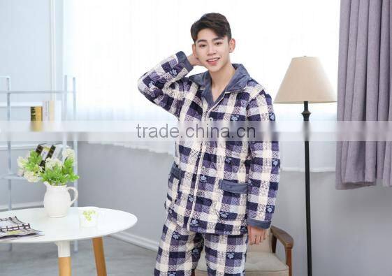 2017 fashion fleece men pajamas check printing top quality