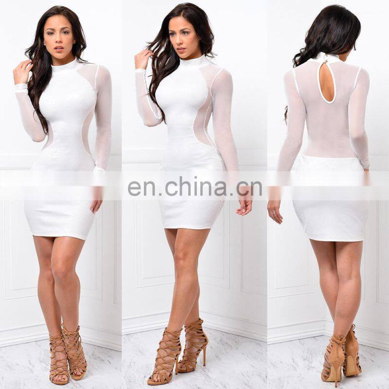 Europe And America Long Sleeve Grenadine Sexy Perspectivity Package Hip One-Piece Dress
