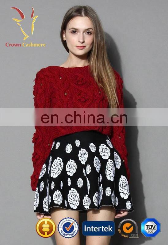 Fashion red chunky sweater women cable knit pullover sweater for ladies