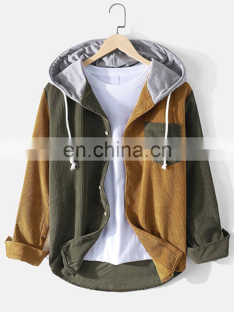 Wholesale custom LOGO Amazon spring and autumn 100% cotton corduroy multi-pocket hooded men's long-sleeved shirt men's plus size