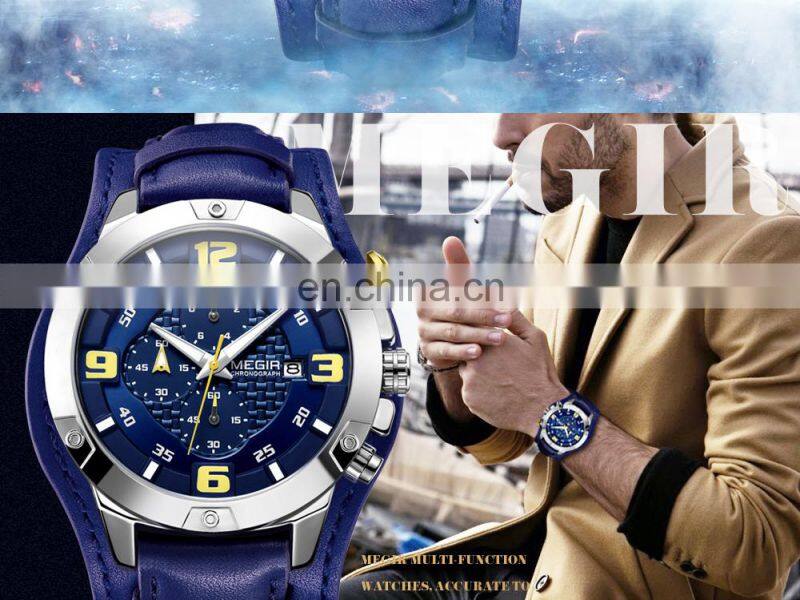 MEGIR ML2099G Men Quartz Watch Top Brand Luxury Gold Chronograph Date Military Sport Leather Band Male Clock