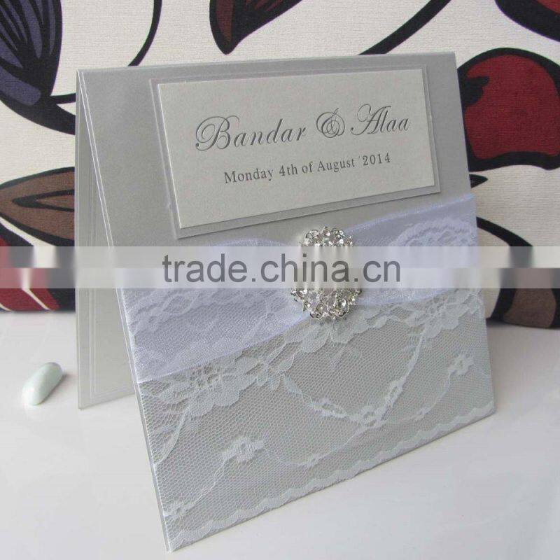 Elegant Brooch Ribbon Card with Printing Words Rustic Lace Wedding Invitation