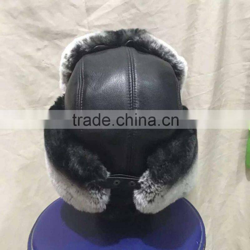 Russian Style Genuine Leather Hat With Real Rex Rabbit Fur Bomber Hat Winter Hat