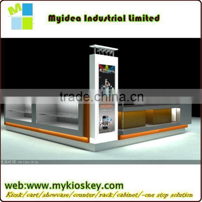 New design hot sale tempered glass wood cell phone kiosk for cell phone shop cellphone store display fixture