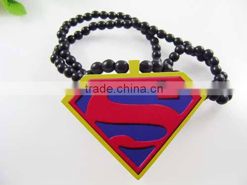 Hip Hop Superman Symbol Wood Necklace with 36 Inches Wood Beaded Chain