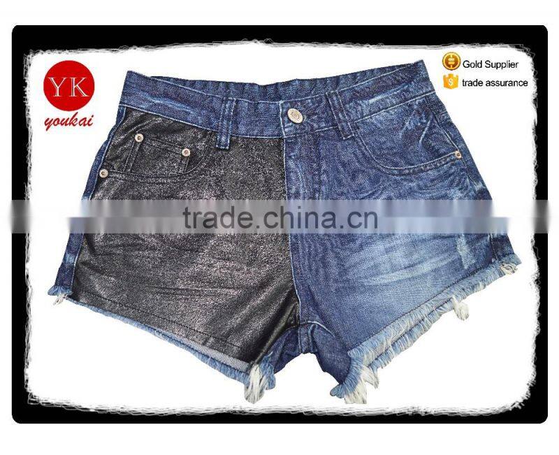 Ladies Low Waist Hole Jeans Denim Shorts Hot Pants for girl with tassel bottom leather front