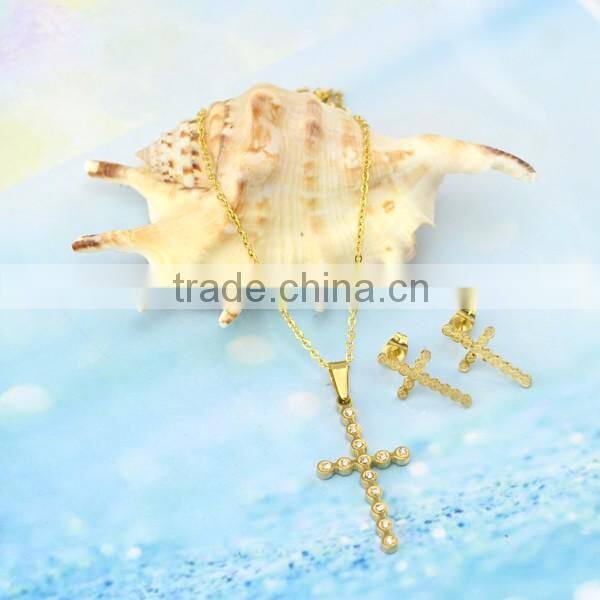 Hot fashion cross with crystal set stainless steel necklaces and Earrings Set