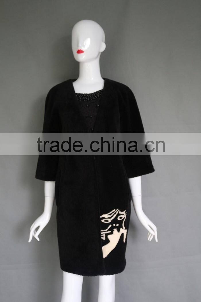 Hot sale embroidery medium sleeve women long overcoat shearing sheep fur coat parka with real lamb fur