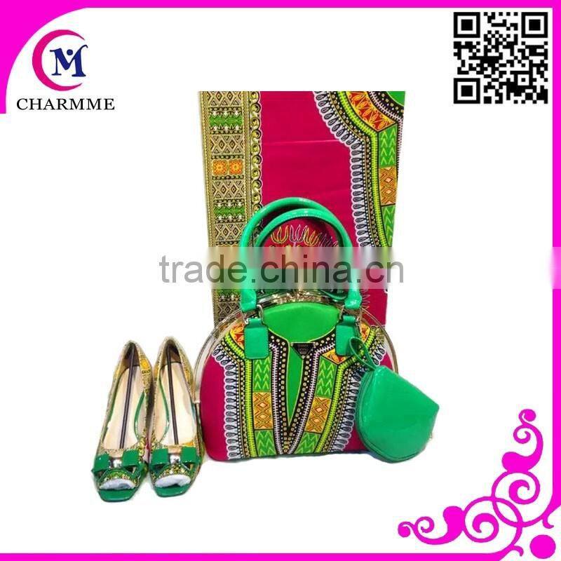 2015 Newest Ankara Wax Design WBS-0036 green wax bag and shoes in 100% cotton Fabric