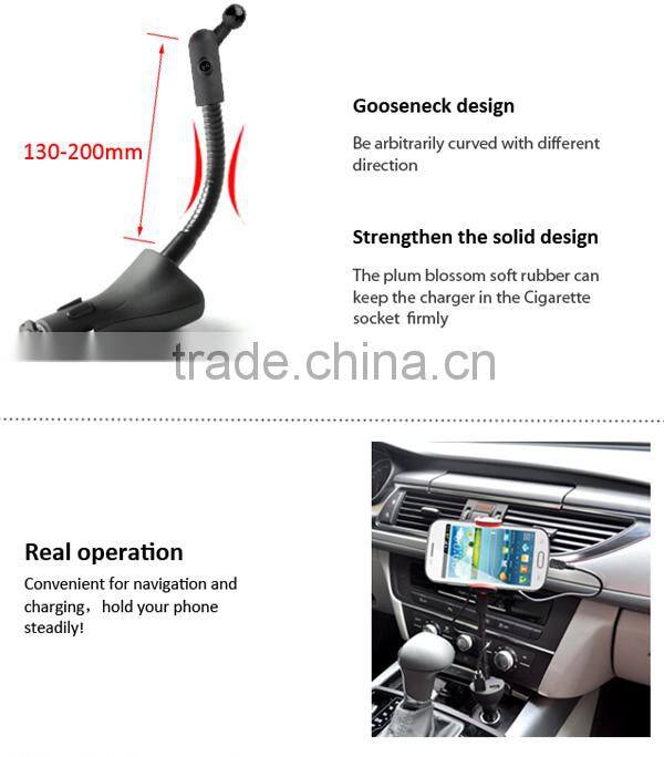 Long Neck Mobile Cell Phone Car Mount Holder with Dual USB 2.1A Charger