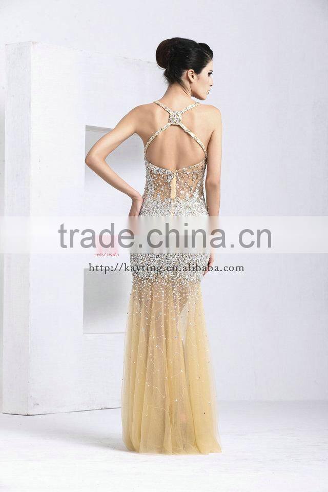 New design sexy spaghetti strap backless sexy evening dress