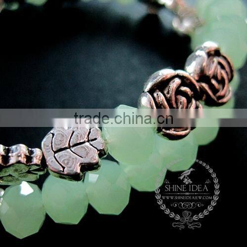 vintage antiqued silver rose leaf bird ice green glass beads 2 layers women fashion wiring bangle bracelet jewelry 6490048
