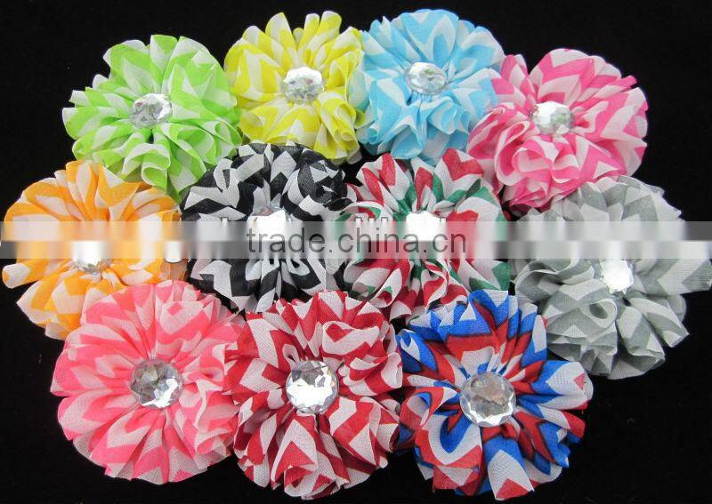 HOT 2.4" Chiffon Chevron Flowers with Clear Stone in Center for Kids Hair Accessories IN STOCK