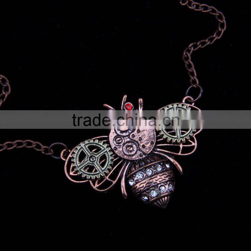 2015 yiwu fashion jewelry hot sale steampunk bee gear pendant with crystal statement necklace red copper