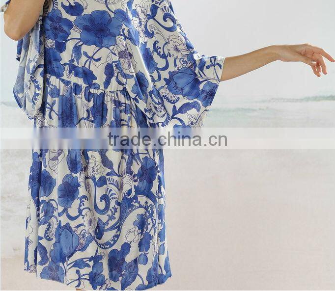 Womens Fashion Blue White Porcelain Beach Dress Vintage Retro Fashion Casual Swimsuit Bikini Cover Skirt
