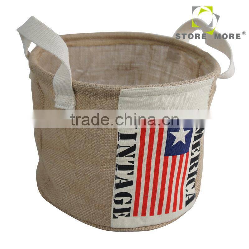 Jute Collapsible Clothes Linen Storage Bag, Two Handles, Applique