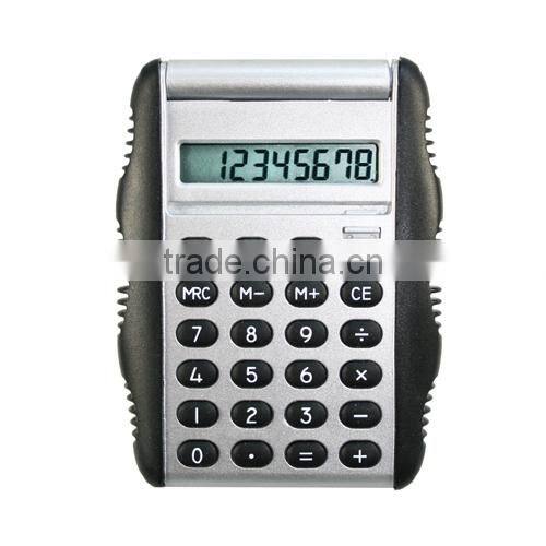Promotional high tech 8 digital calculator with rubber sides and auto folding lid