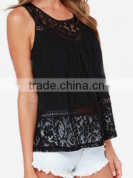 2015 wholesale low price sleeveless Sheer Lace Cutout open Split Back see through Top vest blouse