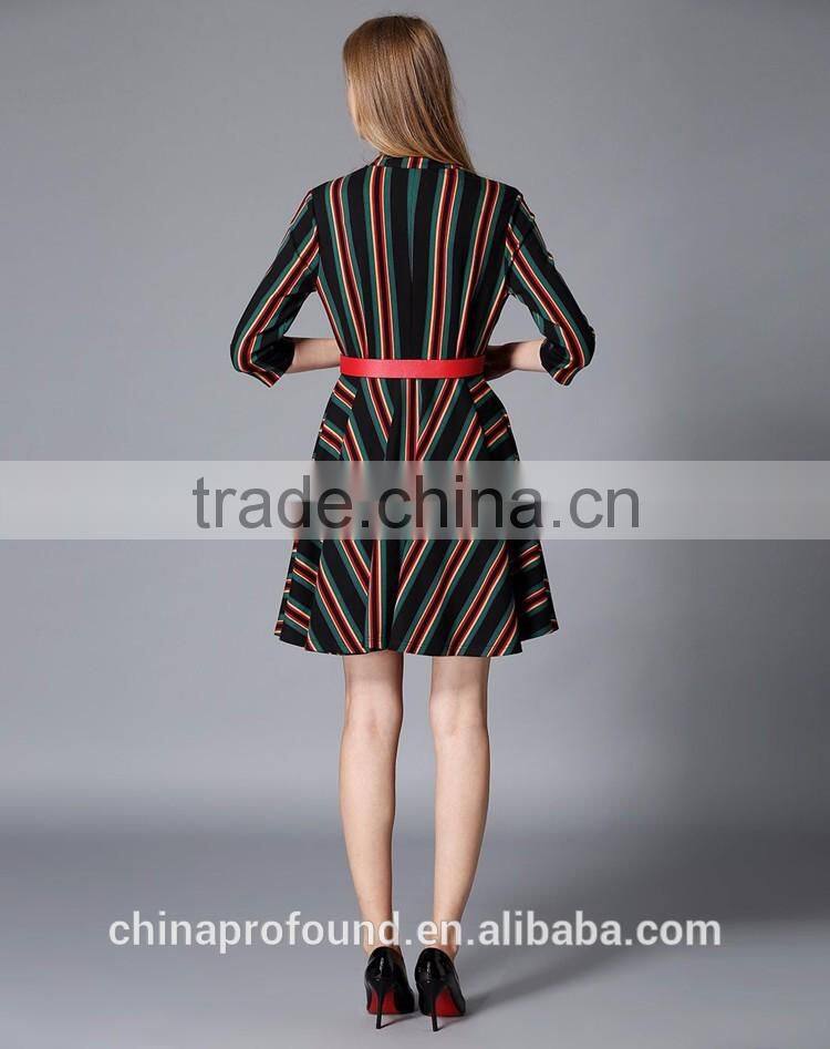 New Fashion Designer Lady Women's Dresses Striped Long Sleeve Shirt Dress