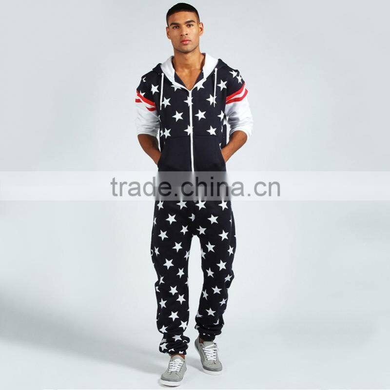Hot sale 100%cotton star print hooded onesie with side pocket mens onesie