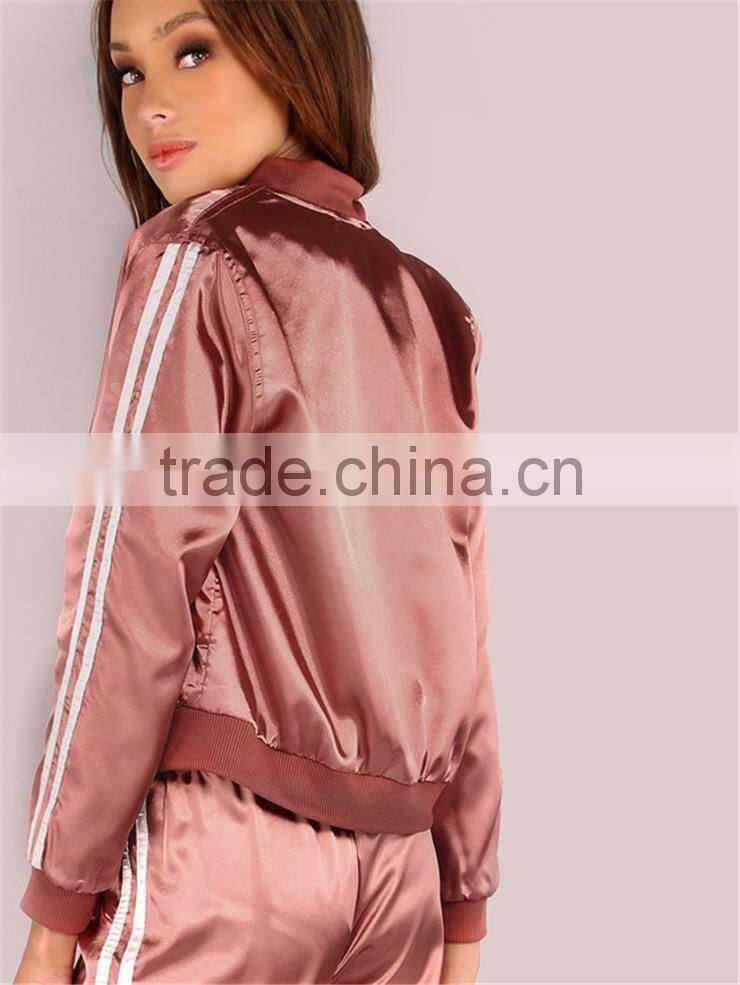 MGOO Women Plain Lightweight Satin Track Bomber Jacket Zip Up Baseball Jacket With Private Label Tag