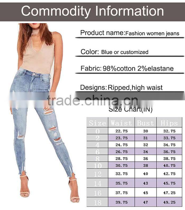 Fashion women blue high waisted brushed ripped skinny denim jeans with hole