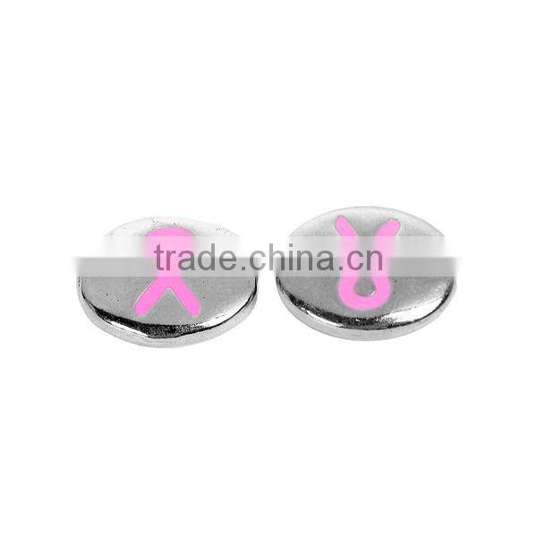 Zinc Based Alloy Spacer Beads Flat Round Silver Tone Pink Ribbon Enamel