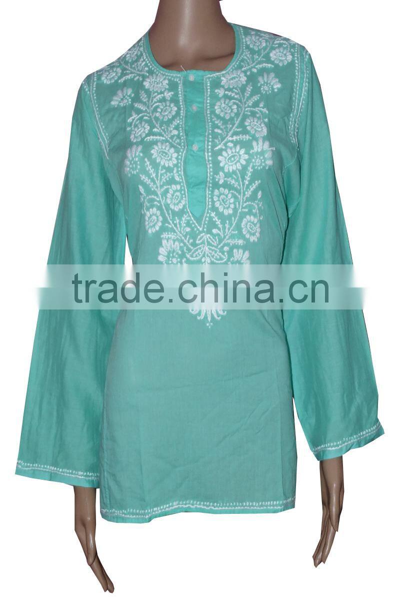 Indian Lucknow Chikan Kurtis,Cotton Embroidery Kurtis Top Tunic