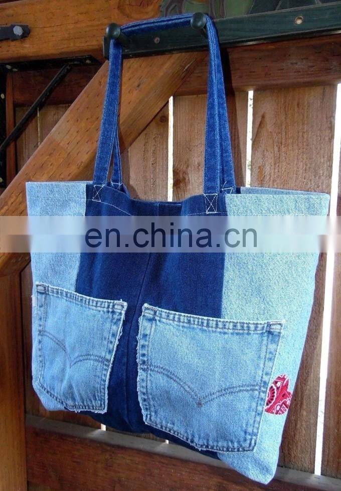 Blue Denim Shoulder Bag Shopper Tote Purse Pockets Heart Patch