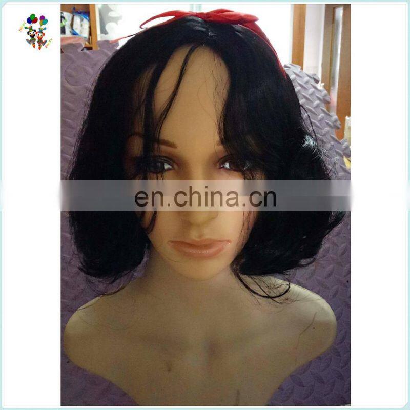 Snow White Princess Black Short Curly Cosplay Wigs with Red Bow HPC-0051