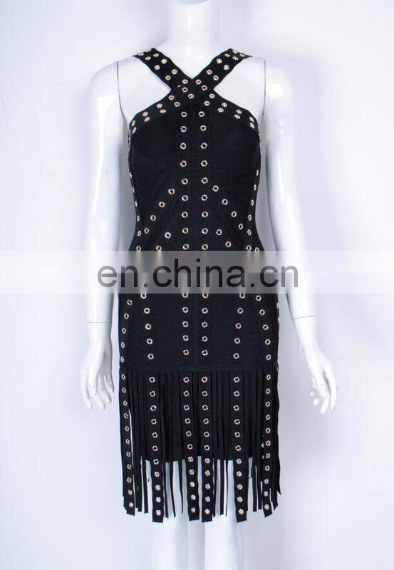 Amigo 2017 new style sexy cross strap tassel bandage dress midi eyelet beaded evening dresses for women club wear